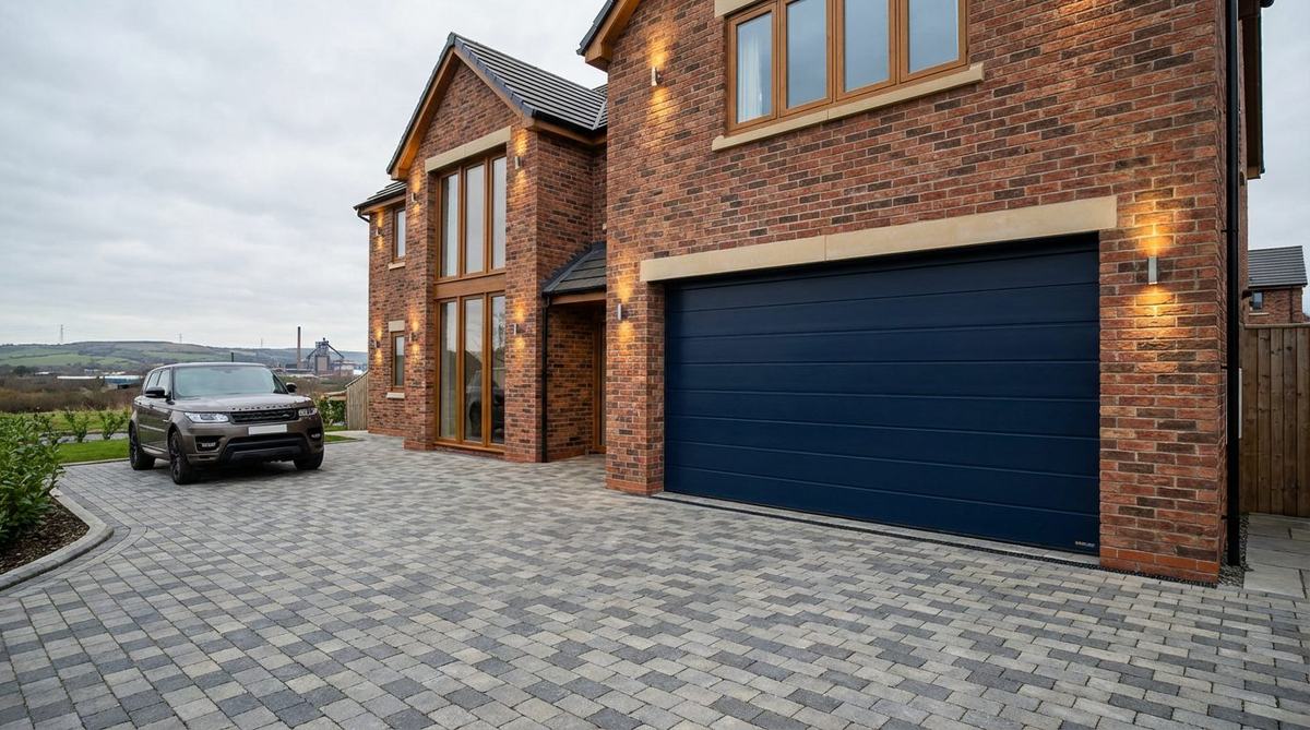 Modern brick home with a dark blue sectional garage door on a residential driveway